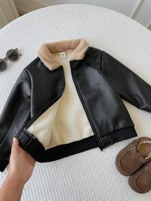 SHEIN 小男孩拉鍊式泰迪內裡PU皮革夾克 - 彩色 - 查看 1