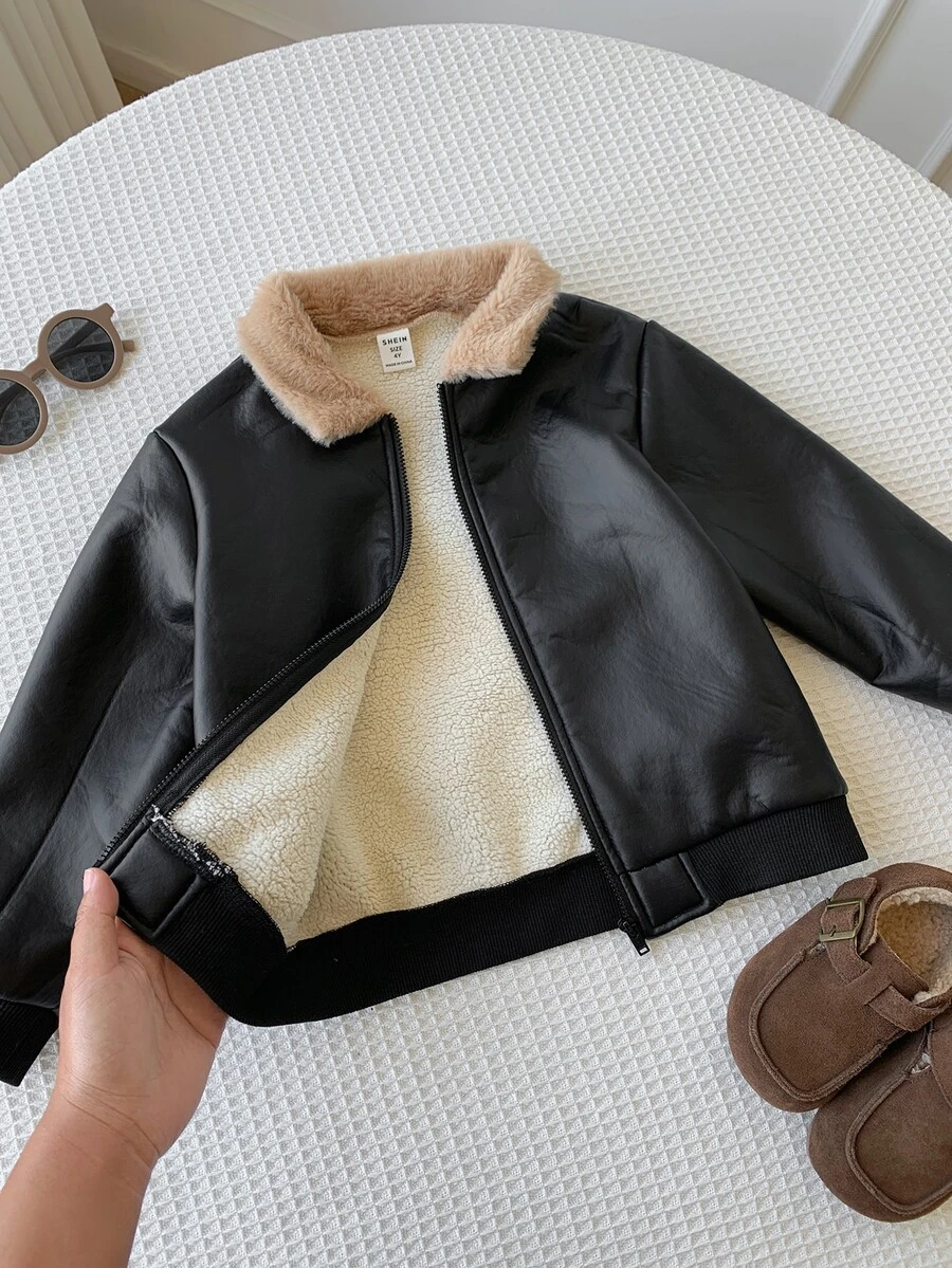 SHEIN 小男孩拉鍊式泰迪內裡PU皮革夾克 - 彩色 - 查看 1