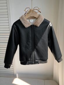 SHEIN 小男孩拉鍊式泰迪內裡PU皮革夾克 - 彩色 - 查看 7