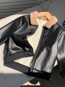SHEIN 小男孩拉鍊式泰迪內裡PU皮革夾克 - 彩色 - 查看 4