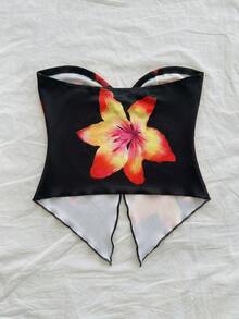 SHEIN 青少年女孩白色夏季飄逸海灘度假風芥末黃紋理抹胸上衣，前扭結設計，度假派對穿搭 - 彩色 - 查看 2