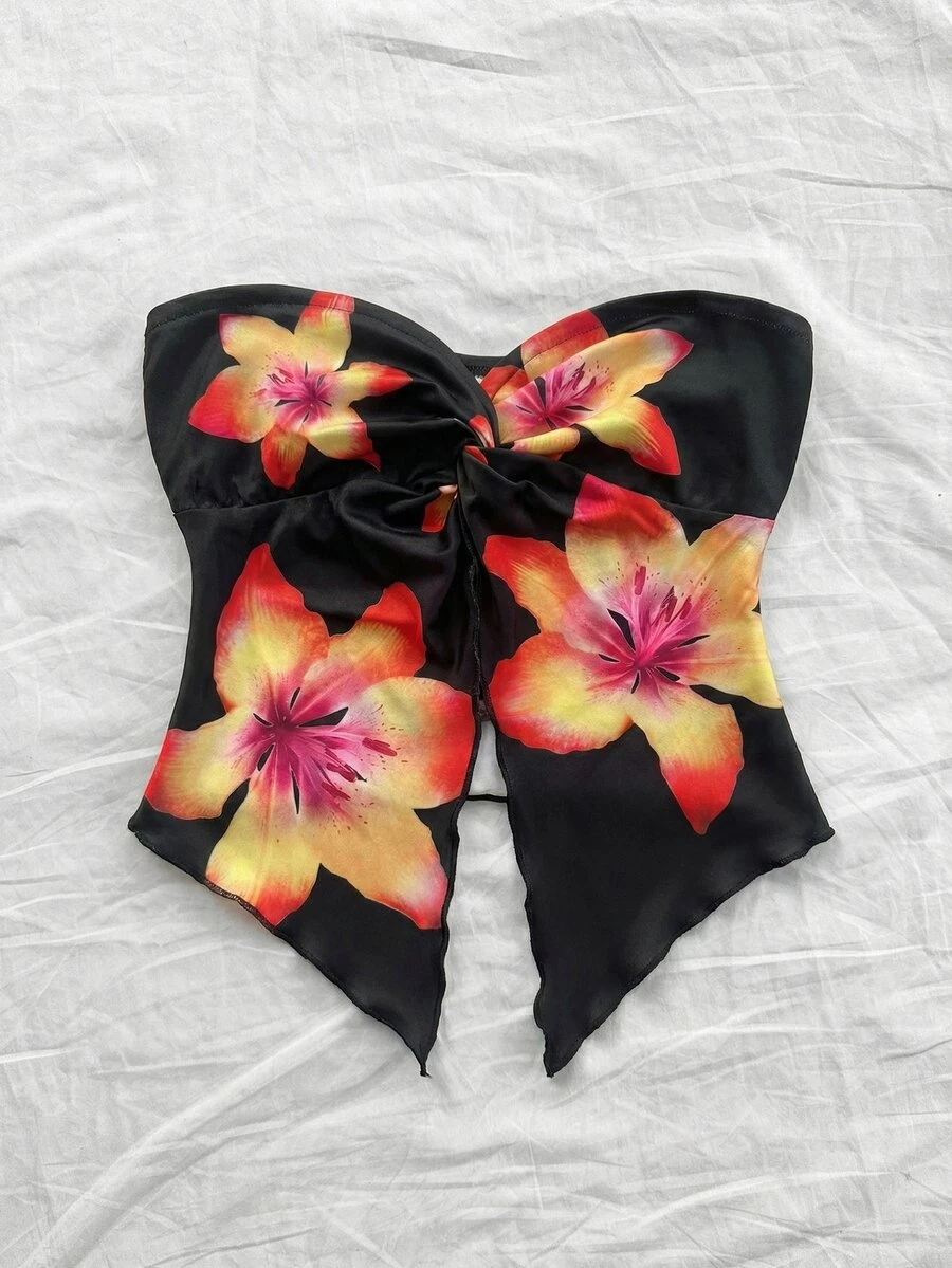 SHEIN 青少年女孩白色夏季飄逸海灘度假風芥末黃紋理抹胸上衣,前扭結設計,度假派對穿搭 - 彩色 - 查看 1