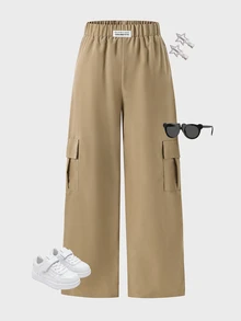 SHEIN 青少年女孩休閒百搭直筒工裝褲 - 卡其色 - 查看 4