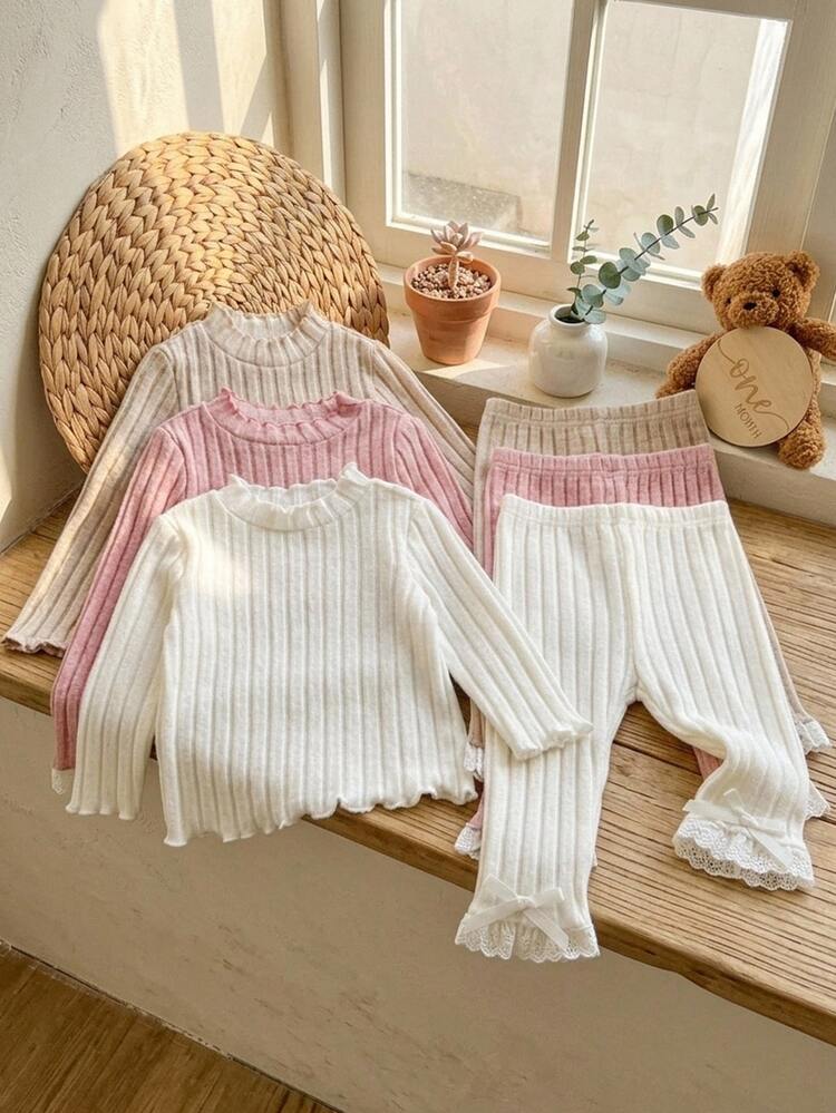 SHEIN Young Girl Young Girl Young Girl Knitted Solid Young Girl Color Stand Collar Ruffle Casual T-Shirt And Long Pants 2pcs -Piece Set - Multicolor - View 3