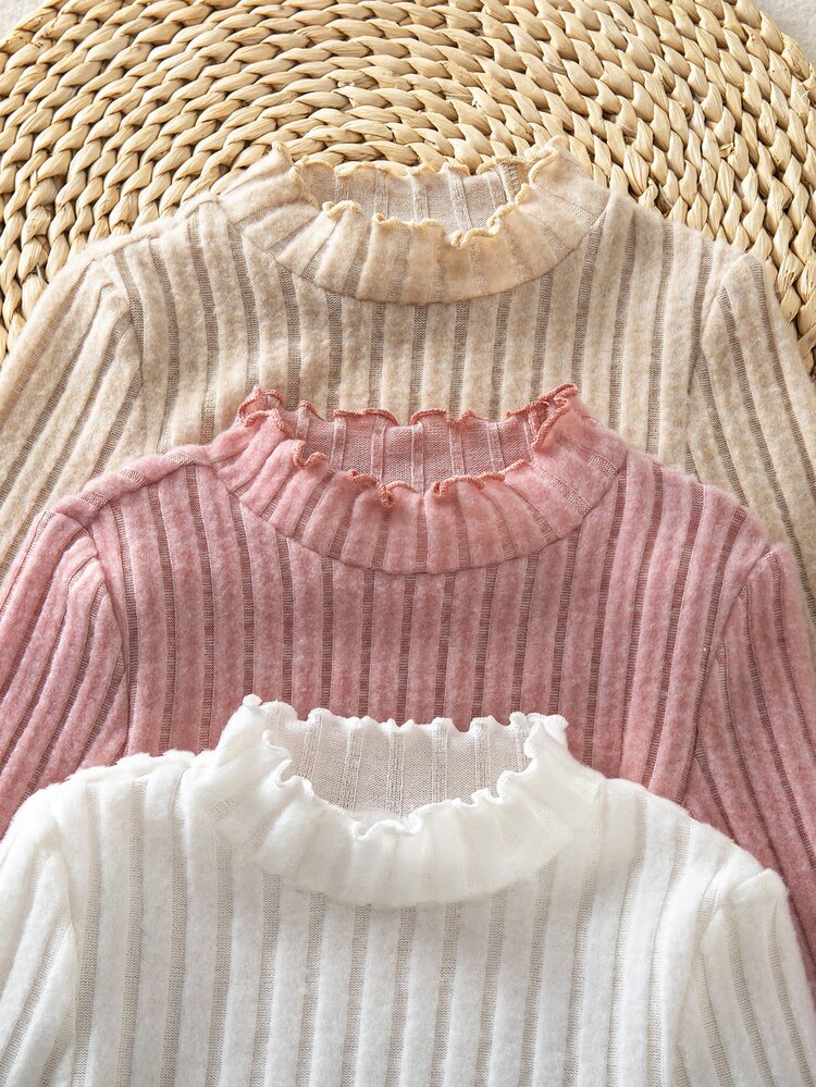 SHEIN Young Girl Young Girl Young Girl Knitted Solid Young Girl Color Stand Collar Ruffle Casual T-Shirt And Long Pants 2pcs -Piece Set - Multicolor - View 8