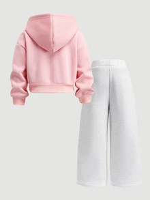 SHEIN 女童字母印花連帽拉鍊長袖運動衫與運動長褲休閒日常套裝 - 彩色 - 查看 7
