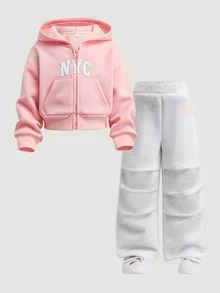 SHEIN 女童字母印花連帽拉鍊長袖運動衫與運動長褲休閒日常套裝 - 彩色 - 查看 6