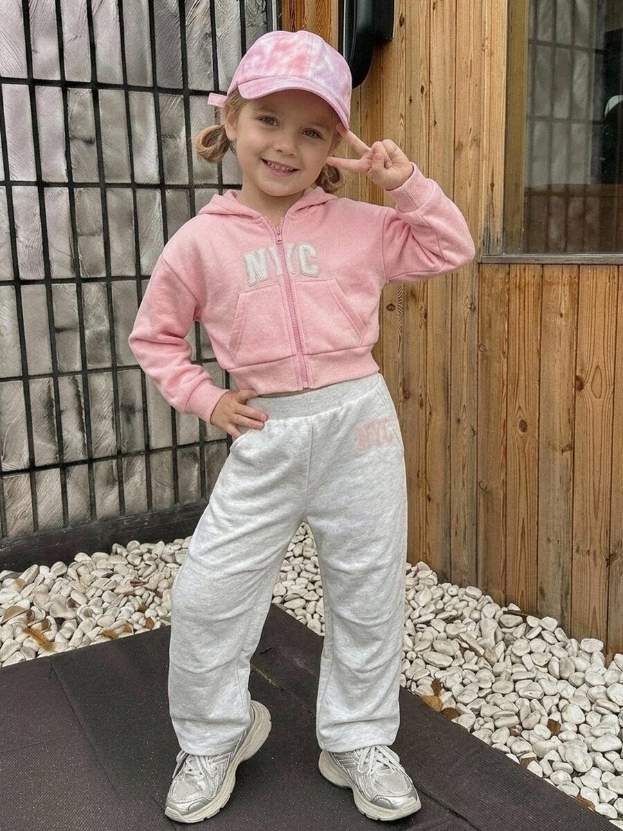 SHEIN 女童字母印花連帽拉鍊長袖運動衫與運動長褲休閒日常套裝 - 彩色 - 查看 1