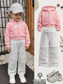 SHEIN 女童字母印花連帽拉鍊長袖運動衫與運動長褲休閒日常套裝 - 彩色 - 查看 2