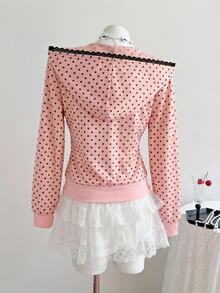 SHEIN 女童波點印花長袖拉鍊連帽運動衫，粉色，秋季冬季開學季 - 彩色 - 查看 3