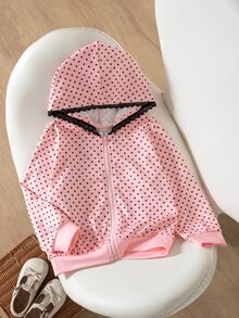 SHEIN 女童波點印花長袖拉鍊連帽運動衫，粉色，秋季冬季開學季 - 彩色 - 查看 7
