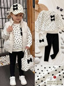 SHEIN 女童圓領愛心圖案 3D 蝴蝶結休閒衛衣與純色長褲 2 件套 - 彩色 - 查看 2