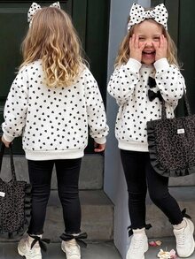 SHEIN 女童圓領愛心圖案 3D 蝴蝶結休閒衛衣與純色長褲 2 件套 - 彩色 - 查看 1