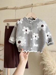 SHEIN 女嬰針織立領花卉圖案休閒毛衣與長褲 2 件套 秋冬款 - 彩色 - 查看 5