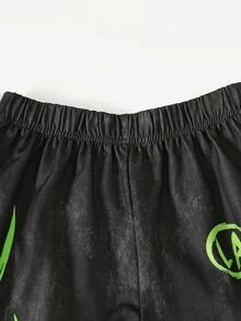SHEIN 青少年男孩蜘蛛網印花連帽衛衣與運動長褲套裝 - 黑與白 - 查看 4