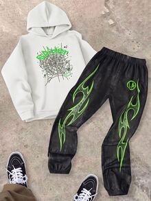 SHEIN 青少年男孩蜘蛛網印花連帽衛衣與運動長褲套裝 - 黑與白 - 查看 6