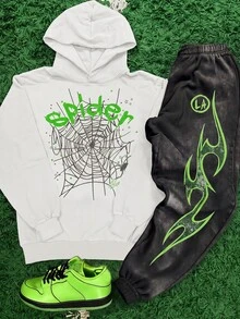 SHEIN 青少年男孩蜘蛛網印花連帽衛衣與運動長褲套裝 - 黑與白 - 查看 1