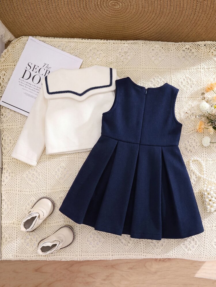 SHEIN Conjunto de 2 piezas de vestido sin mangas azul marino y chaqueta con cuello marinero para niña bebé, estilo preppy - Azul Marino - Añade 3