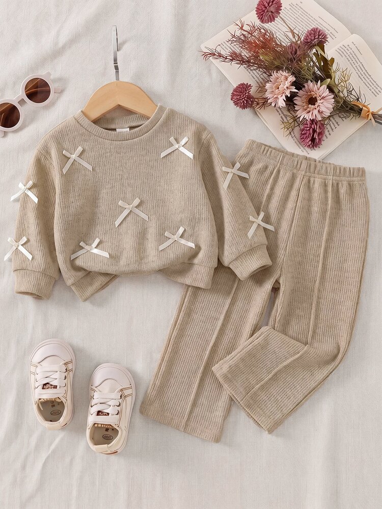 SHEIN طقم 2 قطعة للبنات الصغيرات: سويت شيرت كاجوال محبوك بلون موحد مع فيونكة وأكمام طويلة & بنطلون خريف وشتاء بخصر مطاطي - الأرجواني - مشاهدة 2