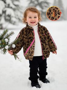 SHEIN Babygirl Cute Autumn/Winter Leopard Print Fuzzy Striped Stand Collar Jacket - Brown - View 6