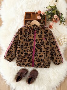 SHEIN Babygirl Cute Autumn/Winter Leopard Print Fuzzy Striped Stand Collar Jacket - Brown - View 4