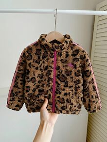 SHEIN Babygirl Cute Autumn/Winter Leopard Print Fuzzy Striped Stand Collar Jacket - Brown - View 7