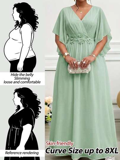 SHEIN CURVE+ Elegant Ninang Sage Green Chiffon Plus Size Women's Formal Dress V-Neck Design Floral Waist Decoration Wedding Evening Graduation Ceremony Summer