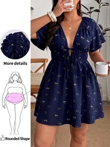 Enliva 大尺碼女款V領A字版型荷葉袖洋裝，寬鬆版型夏季短袖印花洋裝，舒適大尺碼女裝，度假洋裝、教堂洋裝、休閒洋裝、教師穿搭、大尺碼泡泡裙、秋季女裝、上班洋裝、外出洋裝、休閒假日女裝 - 藏蓝色 - 查看 1