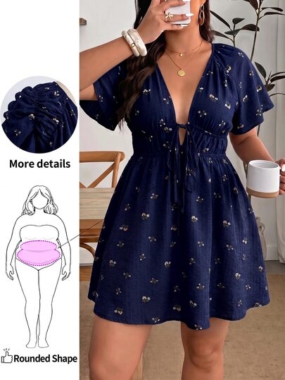 Enliva Plus Size Women's V-Neck A-Line Ruffle Sleeve Dress, Loose Fit, Summer Short Sleeve, Printed, Vacation, Church Airport Holiday Casual Teacher Outfit