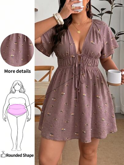 Enliva Plus Size Women's V-Neck A-Line Ruffle Sleeve Dress, Summer, Printed, Vacation, Wedding, Casual, Bubble Skirt, Women's Wear, Dark Purple