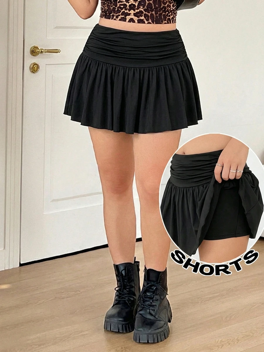 GalTyme Plus Size Women Black Pleated Mini Black Skort Autumn Date Night Sexy Fall - Black - View 1