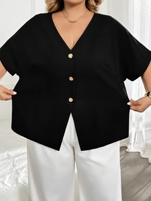 SHEIN CURVE+ 大尺碼休閒正式優雅性感純色蝙蝠袖開襟上衣，2026秋冬 22W - 黑色 - 查看 6
