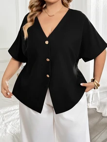 SHEIN CURVE+ 大尺碼休閒正式優雅性感純色蝙蝠袖開襟上衣，2026秋冬 22W - 黑色 - 查看 4