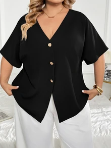 SHEIN CURVE+ 大尺碼休閒正式優雅性感純色蝙蝠袖開襟上衣，2026秋冬 22W - 黑色 - 查看 5