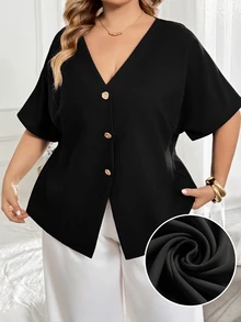 SHEIN CURVE+ 大尺碼休閒正式優雅性感純色蝙蝠袖開襟上衣，2026秋冬 22W - 黑色 - 查看 10