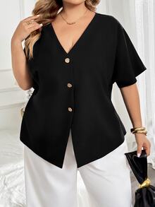 SHEIN CURVE+ 大尺碼休閒正式優雅性感純色蝙蝠袖開襟上衣，2026秋冬 22W - 黑色 - 查看 8