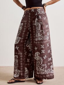 Freevana 女款大尺碼寬腿長褲，附口袋，巧克力棕色佩斯利印花，優雅柔軟修身，傳統波希米亞休閒風，適合秋季 - 棕色 - 查看 8