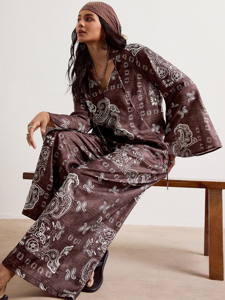 Freevana Women's Plus Size Wide Leg Pants With Pockets Chocolate Brown Paisley Print Long Trousers Elegant Soft Form Traditional Boho Casual Autumn - Brown - View 5