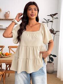 Enliva Plus Size Square Neck Loose Fit Tiered Ruffle Short Sleeve Top Brunch Bussines Wedding Guest Beige Summer Casual Whimsical - Apricot - View 5