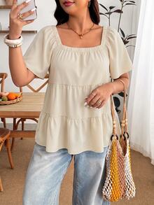 Enliva Plus Size Square Neck Loose Fit Tiered Ruffle Short Sleeve Top Brunch Bussines Wedding Guest Beige Summer Casual Whimsical - Apricot - View 9