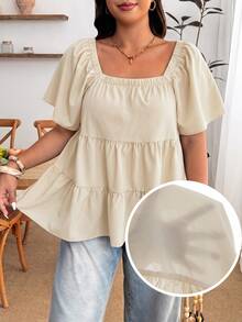 Enliva Plus Size Square Neck Loose Fit Tiered Ruffle Short Sleeve Top Brunch Bussines Wedding Guest Beige Summer Casual Whimsical - Apricot - View 11