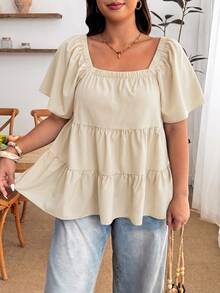 Enliva Plus Size Square Neck Loose Fit Tiered Ruffle Short Sleeve Top Brunch Bussines Wedding Guest Beige Summer Casual Whimsical - Apricot - View 4