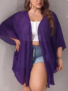 SHEIN CURVE+ 大尺碼基本款泳衣，純色透明網布面料 - 紫色 - 查看 4