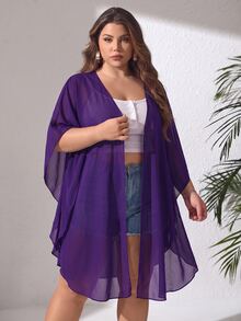 SHEIN CURVE+ 大尺碼基本款泳衣，純色透明網布面料 - 紫色 - 查看 8