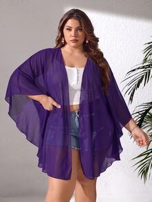 SHEIN CURVE+ 大尺碼基本款泳衣，純色透明網布面料 - 紫色 - 查看 5
