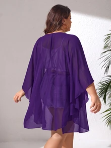 SHEIN CURVE+ 大尺碼基本款泳衣，純色透明網布面料 - 紫色 - 查看 3