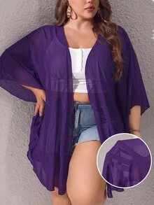 SHEIN CURVE+ 大尺碼基本款泳衣，純色透明網布面料 - 紫色 - 查看 11