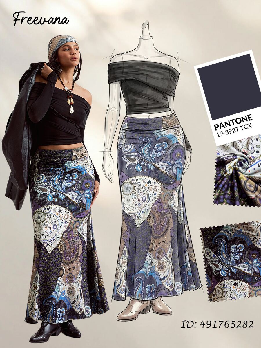 Freevana Plus Size Summer/ Elegant Boho 90s Romantic Vintage Fitted A-Line Maxi Knit Skirt For Party Vacation And Gatherings Navy Blue