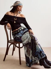 Freevana 大尺碼夏季優雅波希米亞風 90 年代浪漫復古修身 A 字長版針織裙，適合派對、度假與聚會，海軍藍 - 彩色 - 查看 5