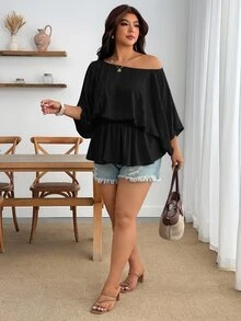 Enliva 大尺碼女款復古性感休閒海灘度假 Y2K 時尚個性優雅極簡都市波希米亞風單肩百褶腰亞麻混紡卡其色寬鬆上衣 - 黑色 - 查看 8